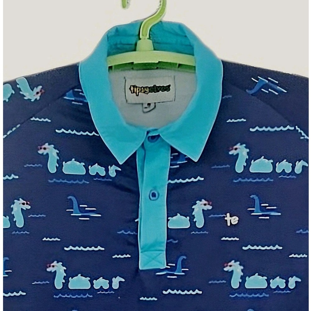 Tipsy Elves Men's Loch Ness Monster Golf Polo Shirt Navy Blue Size Medium